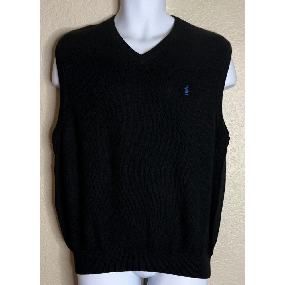 Polo Golf Ralph Lauren Mens L Sweater Vest Black Cotton V‎ Neck Knit Logo Preppy